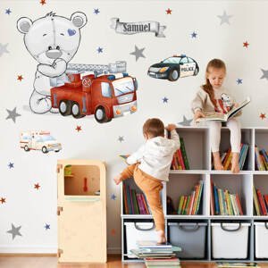 Samolepky na zeď pro kluky - Zásahová auta a medvídek do dětského pokoje