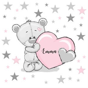 Dětské nálepky na zeď - Medvídek s růžovým srdíčkem a jménem