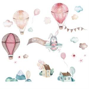 Samolepky na zeď pro holčičky - Růžové balóny, zajíc a domy