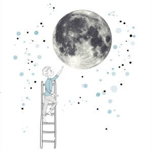 Samolepka na zeď - Měsíc a chlapec v modré barvě, velké samolepky