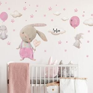 Přelepitelná samolepka na zeď pro dívku - Zajíčci s balónky
