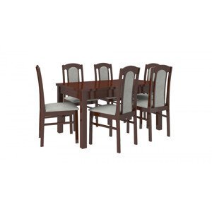 Jídelní stůl se židlemi Sanie dekor dřeva ořech tmavý a potahová látka šedá