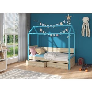 Dětská postel Quido 80x180 cm domeček Modrá/dub sonoma