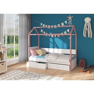 Dětská postel 90x200 cm domeček Quido Růžová/bílá