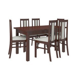 Jídelní stůl a židle Corte pro 6 olše dekor dřeva ořech tmavý a potahová látka šedá