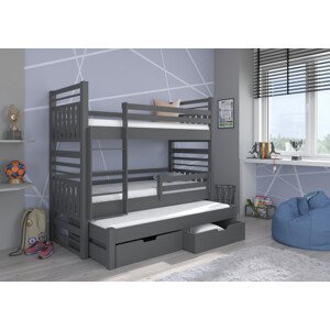 Patrová postel pro tři děti HIPPO 200 x 90 cm šedá