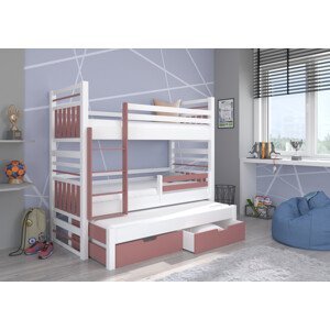Patrová postel pro tři děti HIPPO 200 x 90 cm bílá růžová