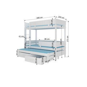 Patrová postel pro tři děti ETAPO 200 x 90 cm borovice bílá