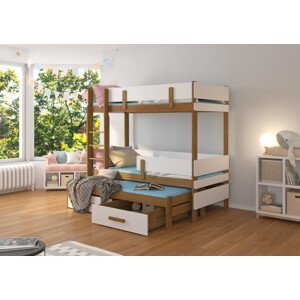 Patrová postel pro tři děti ETAPO 200 x 90 cm dub bílá