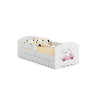 Dětská postel s matrací, zábranou a šuplíkem PEPE CAT IN A CAR 160x80