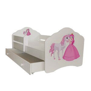 Dětská postel s matrací, zábranou a šuplíkem CASIMO PRINCESS WITH HORSE 140x70