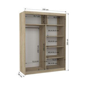 Šatní skříň s posuvnými dveřmi, zrcadlem a led osvětlením LED CLEVER 2 Ne 6 lanýžová