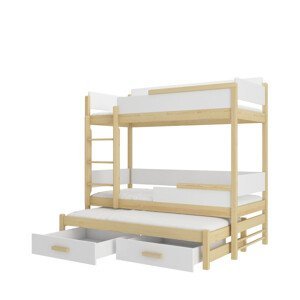 Patrová postel pro tři děti s matrací QUEEN 200 x 90 cm přírodní borovice bílá