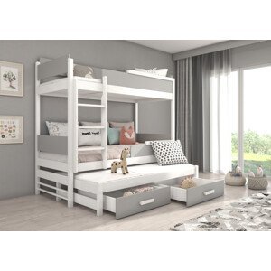 Patrová postel pro tři děti s matrací QUEEN 200 x 90 cm bílá šedá
