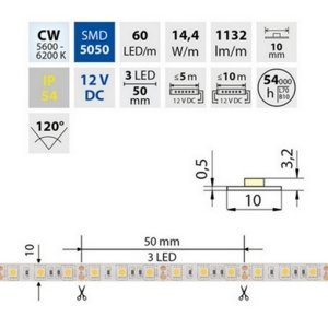 LED pásek McLED 12V studená bílá š=10mm IP54 14,4W/m 60LED/m SMD5050 ML-121.606.60.0