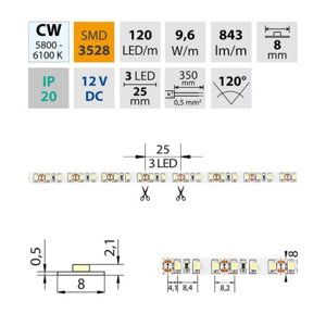 LED pásek McLED 12V studená bílá š=8mm IP20 9,6W/m 120LED/m SMD3528 ML-121.230.60.2