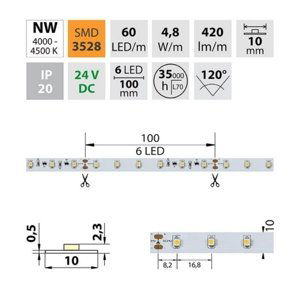 LED pásek McLED 24V neutrální bílá š=10mm IP20 4,8W/m 60LED/m SMD3528 ML-126.794.60.8 (20m)