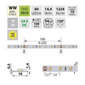 LED pásek McLED 24V teplá bílá CRI90 š=10mm IP20 14,4W/m 60LED/m SMD2835 ML-126.700.60.2