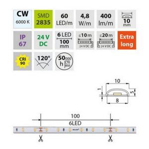 LED pásek McLED 24V studená bílá CRI90 š=10mm IP67 4,8W/m 60LED/m SMD2835 ML-126.001.90.2