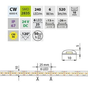 LED pásek McLED 24V studená bílá CRI90 š=10mm IP67 6W/m 240LED/m SMD2835 ML-126.032.90.2