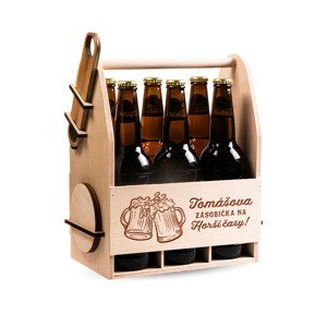 FK Dřevěný nosič na pivo s dřevěným otvírákem + 6ks kulatých podtácků - ZÁSOBIČKA se jménem 32x26x16 cm, Přírodní