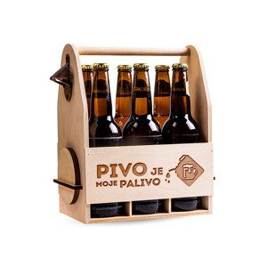 FK Dřevěný nosič na pivo s celokovovým otvírákem + 6ks kulatých podtácků - PIVO JE MOJE PALIVO 32x26x16 cm, Přírodní