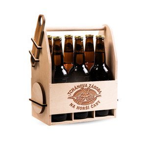 FK Dřevěný nosič na pivo s dřevěným otvírákem + 6ks kulatých podtácků - TCHÁNOVA ZÁSOBA NA HORŠÍ ČASY 32x26x16 cm, Přírodní