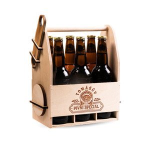 FK Dřevěný nosič na pivo s dřevěným otvírákem + 6ks kulatých podtácků - PIVNÍ SPECIÁL se jménem 32x26x16 cm, Přírodní