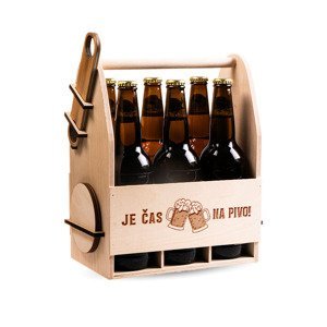 FK Dřevěný nosič na pivo s dřevěným otvírákem + 6ks kulatých podtácků - JE ČAS NA PIVO 32x26x16 cm, Přírodní