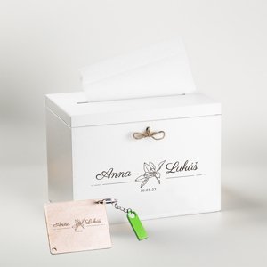 FK Dřevěný box na svatební přání na klíč, Bílá + klíčenka s kovovým mini USB flash diskem 16 GB