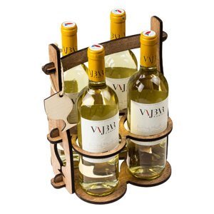 Dřevěný dárkový nosič na 4 vína s visačkou ve tvaru láhve, Hnědá