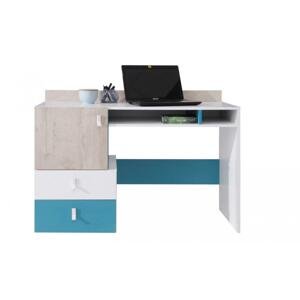 MBLR, PLUTO psací stůl, bílý lesk/dub/modrá
