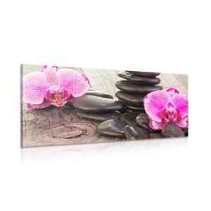 Obraz orchidej a Zen kameny na dřevěném podkladu