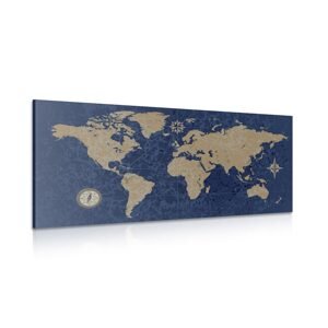 Obraz mapa světa s kompasem v retro stylu na modrém pozadí