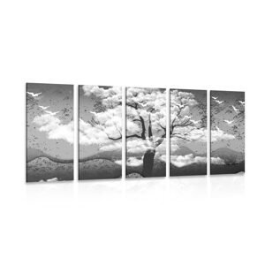 5-dílný obraz černobílý strom zalitý oblaky