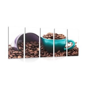 5-dílný obraz šálky s kávovými zrnky