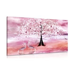 Obraz volavky pod magickým stromem v růžovém provedení