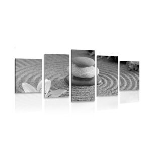 5-dílný obraz Zen zahrada a kameny v písku v černobílém provedení
