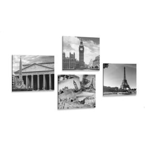 Set obrazů historické památky v černobílém provedení