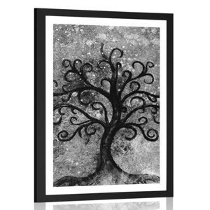 Plakát s paspartou černobílý strom života