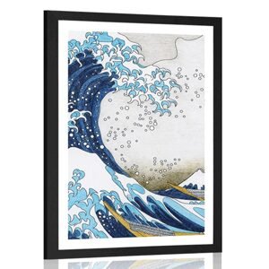 Plakát s paspartou reprodukce Velká vlna z Kanagawa - Kacušika Hokusai