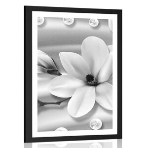 Plakát s paspartou luxusní magnolie s perlami v černobílém provedení