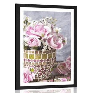 Plakát s paspartou květiny karafiátu v mozaikovém květináči