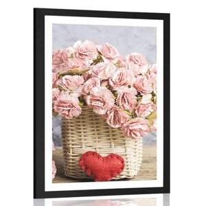 Plakát s paspartou kytička růžových karafiátů v košíku