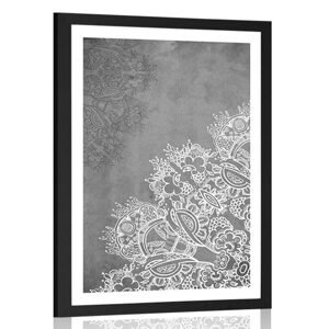 Plakát s paspartou prvky květinové Mandaly v černobílém provedení