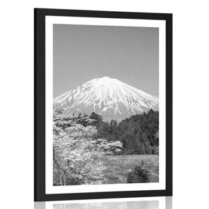 Plakát s paspartou hora Fuji v černobílém provedení