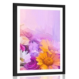 Plakát s paspartou olejomalba pestrobarevných květin