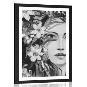 Plakát s paspartou originální malba ženy v černobílém provedení