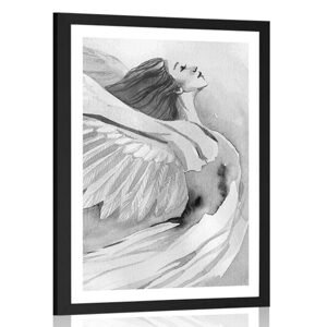 Plakát s paspartou svobodný anděl v černobílém provedení