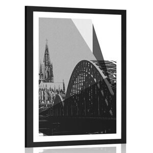 Plakát s paspartou ilustrace města Kolín v černobílém provedení